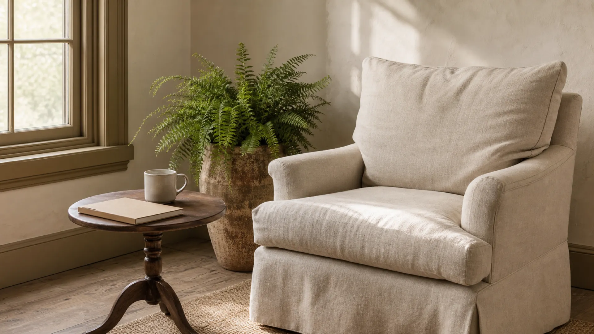 A quiet corner with books and soft light.